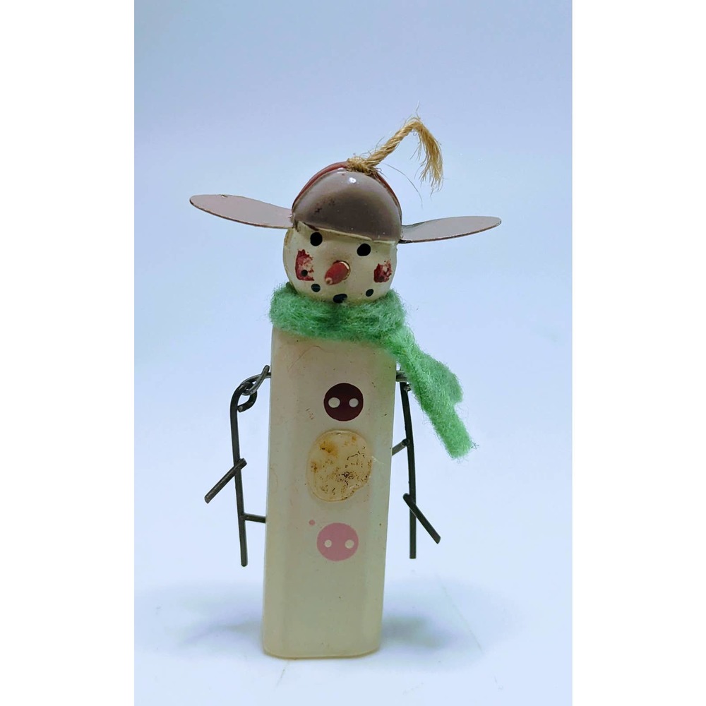 Vintage Handmade Tiny Wooden Snowman Metal Twig Arms Green Scarf